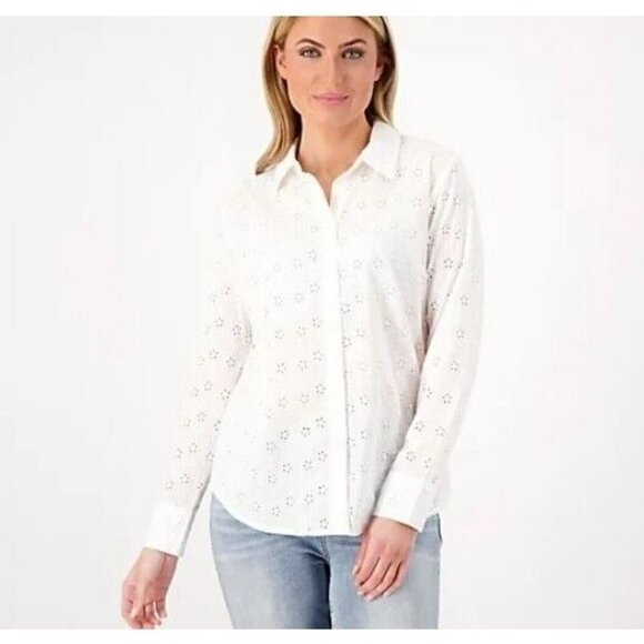 Candace Cameron Bure Petite Button-Front Eyelet Shirt New Day White, Petite XXS - Picture 1 of 1